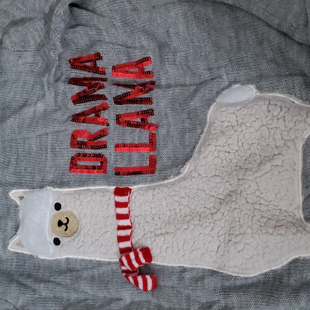 H&Msweater grey with llama puff detail and 3d scarf sequin red letters EUC
